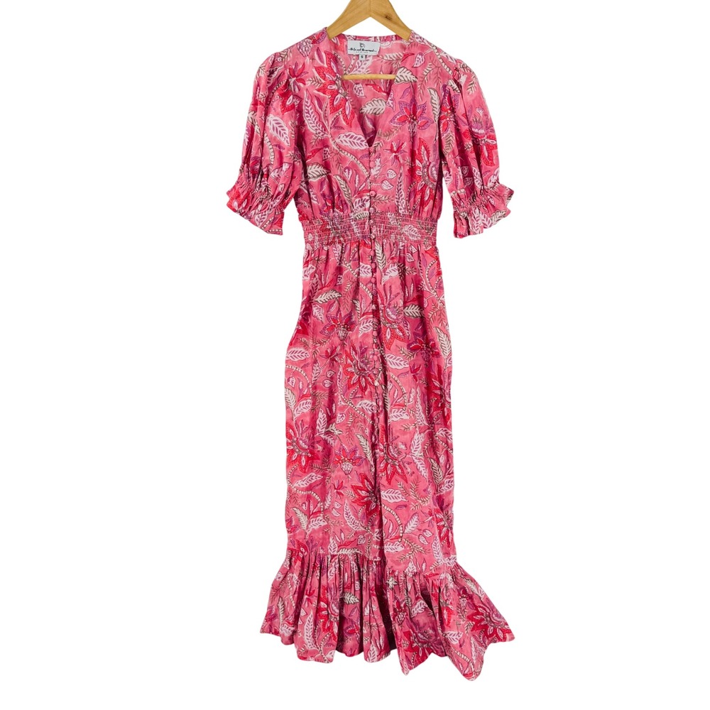 The Fox & The Mermaid Pink Floral Smocked Puff Sleeve Maxi Dress Size S Boho